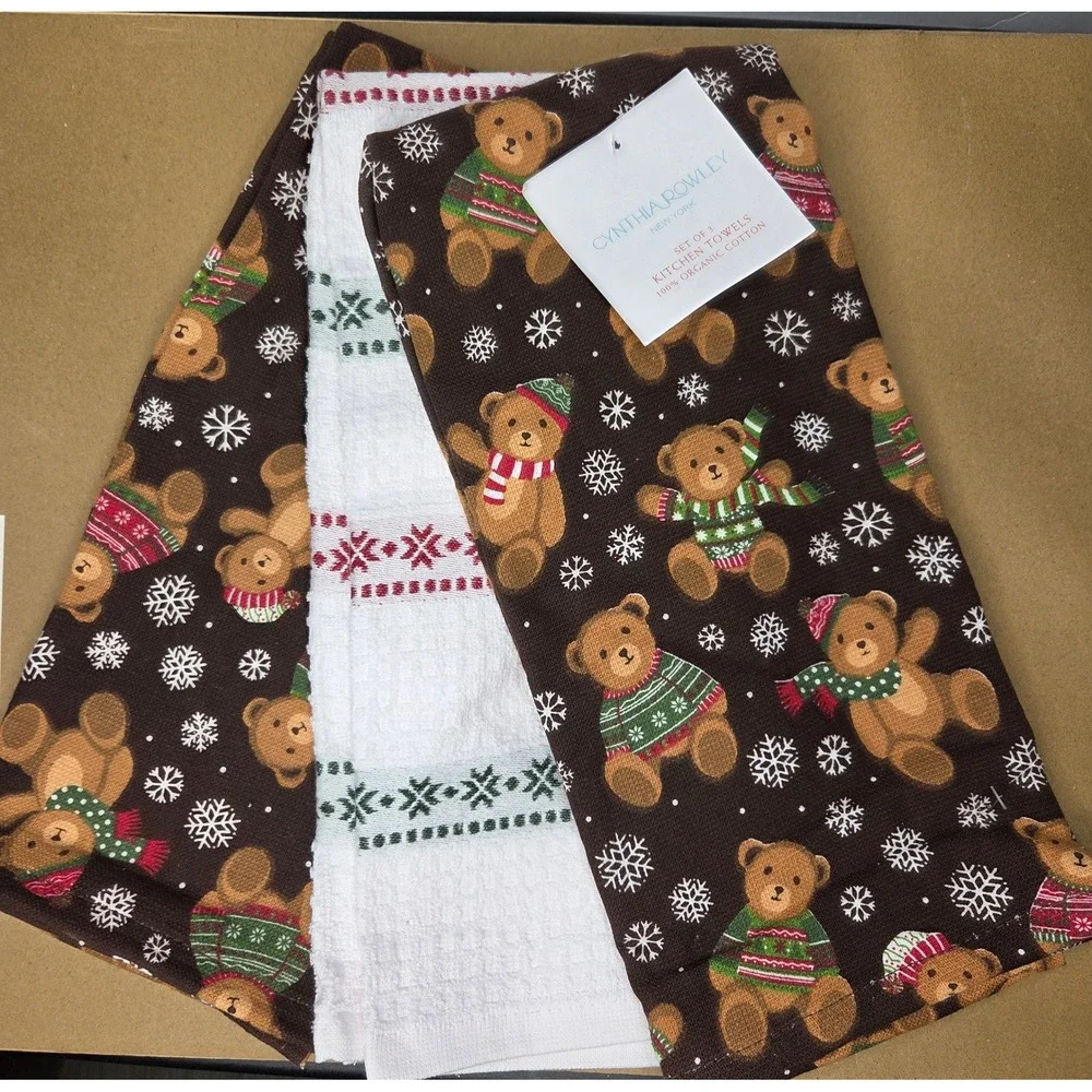 Cynthia Rowley Christmas Teddy Bear Kitchen Towels Set Organic Cotton Brown New